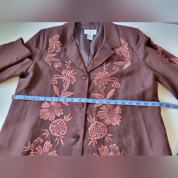 Victor Costa Women's Linen Blend Floral Embroidered Brown Blaze L - Picture 10 of 12